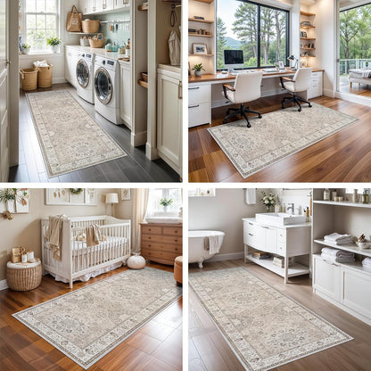 FLICKERGIFT 2x6 Hallway Washable Runner Rug : Vintage Soft Kitchen Laundry Runner with Non Slip Backing Farmhouse Entryway Living Room Floor Mat Stain Resistant Carpet for Bedroom Bathroom Distressed Beside Rug