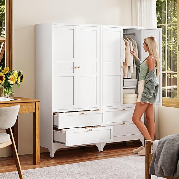 WAF-TOP Metal Armoire Wardrobe Closet with 2 Drawers,18" Deep Clothing Storage Cabinet with Doors and Shelves,Coat Closet with Hanging Rod,Bedroom,Home,Cloak Room,White