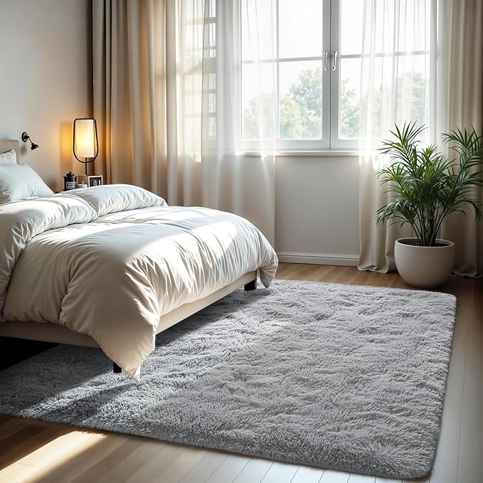 FLICKERGIFT Area Rugs for Living Room Grey Rugs for Bedroom 4x6 Carpet Fluffy Furry Soft Shag Aesthetic Plush High Pile Gray Throw Rug for Nursery Kids Room Dorm