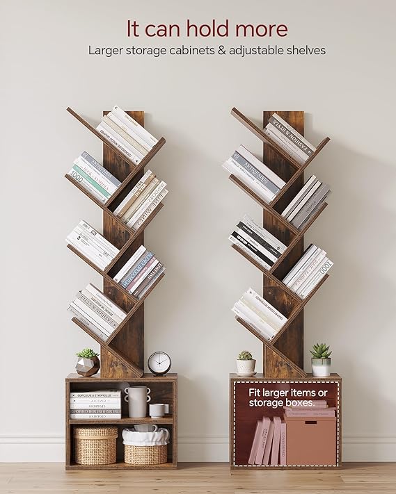 WAF-TOP Tier Tree Bookshelf, Small Bookcase with Storage Cabinet, Modern Tall Narrow Bookshelves Organizer, Floor Standing Book Shelf for Bedroom/Living Room/Home Office/Corner, Rustic Brown