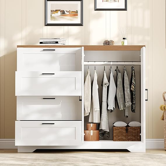 WAF-TOP 43.3'' H Armoire Wardrobe Closet with 4 Drawers and 2 Doors, Hanging Rod, Multifunctional Wooden Dresser with Storage Closet, Bathroom Cabinet for Bedroom, White