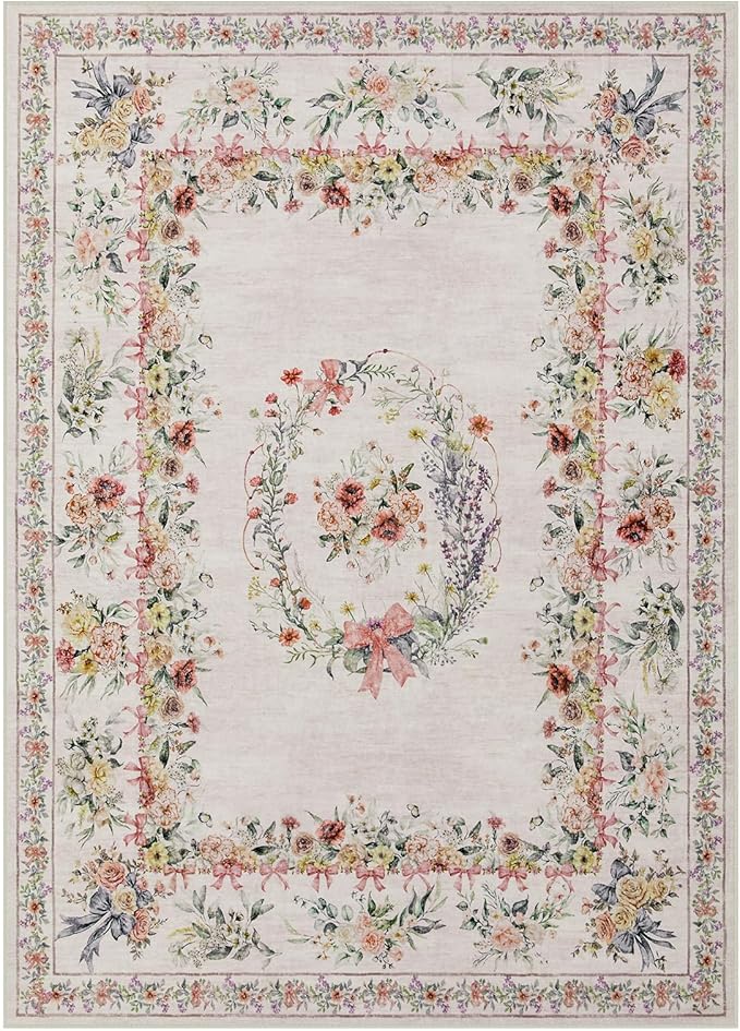 FLICKERGIFT Floral Bow Print 8x10 Area Rugs, Washable Pink Rugs for Bedroom Girls Nursery, Boho Ultra-Thin Soft Non Slip Carpet for Playroom Kids Room Living Room Classroom Decor, Light Pink