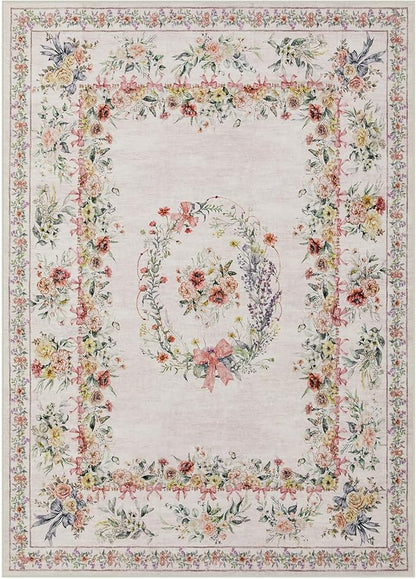 FLICKERGIFT Floral Bow Print 8x10 Area Rugs, Washable Pink Rugs for Bedroom Girls Nursery, Boho Ultra-Thin Soft Non Slip Carpet for Playroom Kids Room Living Room Classroom Decor, Light Pink