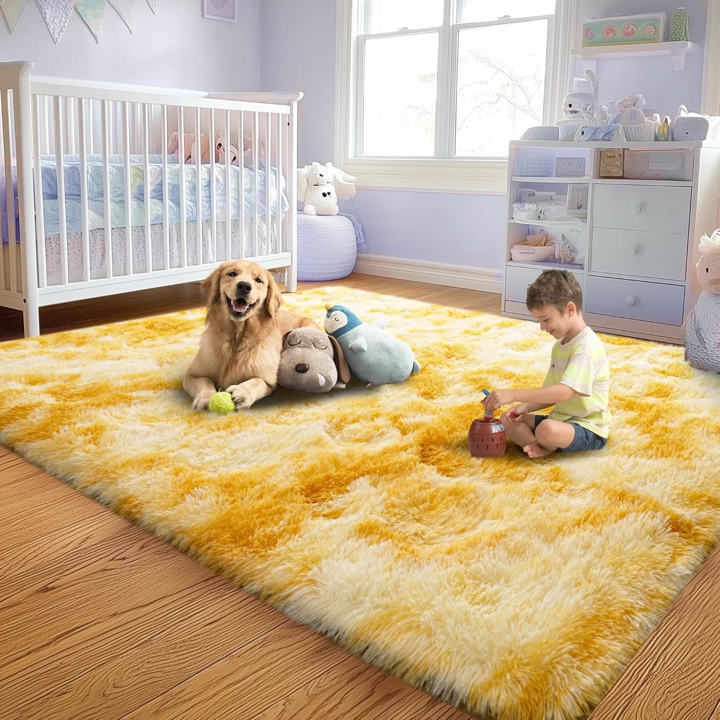 FLICKERGIFT Soft Fluffy Rug for Living Room, 4x6 Tie-Dyed Yellow Shag Area Rug for Bedroom Living Room, Non-Slip Fuzzy Carpet for Girls Boys Kids, Throw Rugs for Dorm, Modern Home Decor Aesthetic