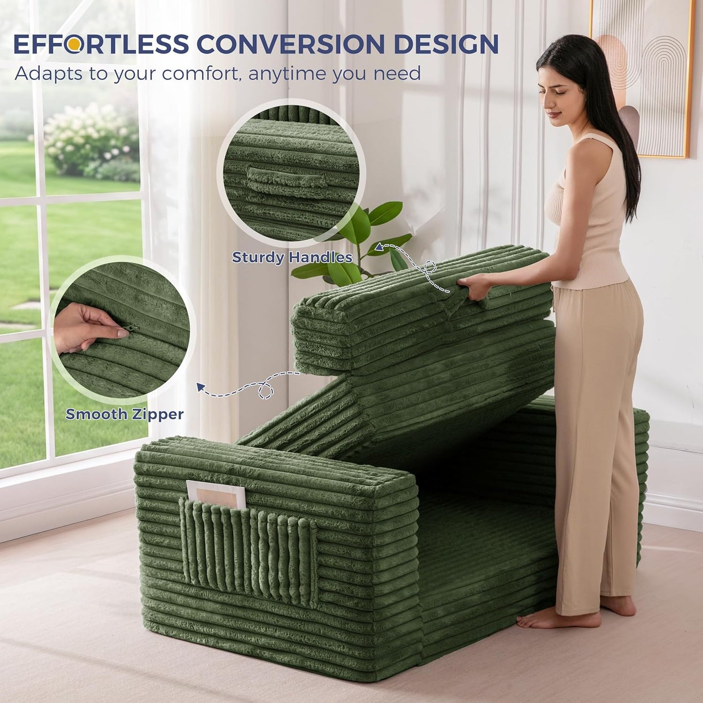 FLICKERGIFT Convertible Sofa Bed, 2 in 1 Folding Couch Bed for Small Space, Pull Out Loveseat Sleeper Sofa Couch with Large Back Pillow, Plush Fabric Lounge Couch for Living Room, Apartment, Dark Green