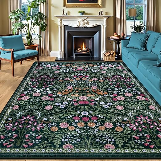 FLICKERGIFT 8x10 Area Rugs for Living Room: Floral Washable Rug Vintage Large Soft Boho Non-Slip Carpet Indoor Floor Stain Resistant Carpets for Bedroom Dining Room Farmhouse Nursery Home Office Dark Green