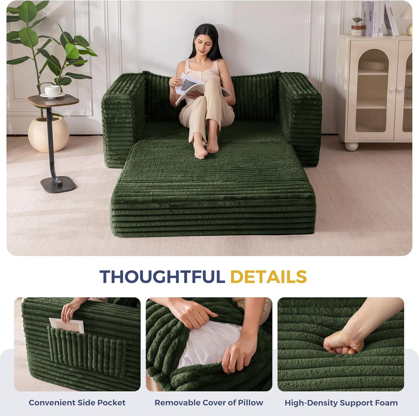 FLICKERGIFT Convertible Sofa Bed, 2 in 1 Folding Couch Bed for Small Space, Pull Out Loveseat Sleeper Sofa Couch with Large Back Pillow, Plush Fabric Lounge Couch for Living Room, Apartment, Dark Green