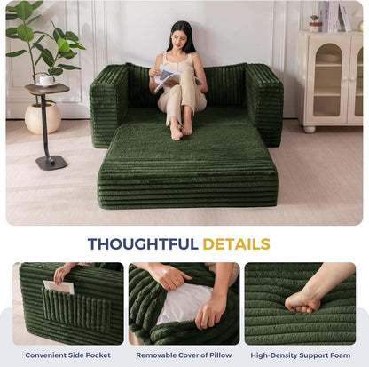 FLICKERGIFT Convertible Sofa Bed, 2 in 1 Folding Couch Bed for Small Space, Pull Out Loveseat Sleeper Sofa Couch with Large Back Pillow, Plush Fabric Lounge Couch for Living Room, Apartment, Dark Green