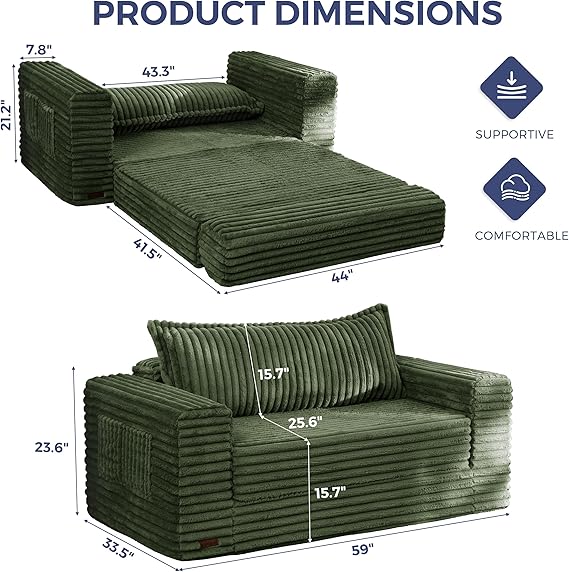 WAF-TOP Convertible Sofa Bed, 2 in 1 Folding Couch Bed for Small Space, Pull Out Loveseat Sleeper Sofa Couch with Large Back Pillow, Plush Fabric Lounge Couch for Living Room, Apartment, Dark Green