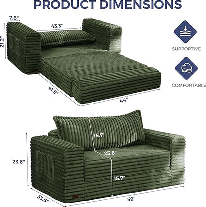 FLICKERGIFT Convertible Sofa Bed, 2 in 1 Folding Couch Bed for Small Space, Pull Out Loveseat Sleeper Sofa Couch with Large Back Pillow, Plush Fabric Lounge Couch for Living Room, Apartment, Dark Green