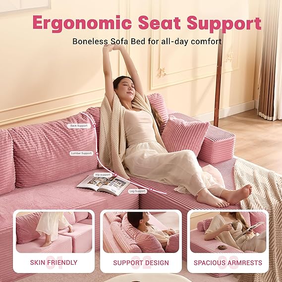 WAF-TOP  107" Boneless Couch with Deep Seat, Modular Sectional Sofa, Cloud Sectional Couch for Living Room, No Assembly Required, Corduroy, L-Shape Right, Pink