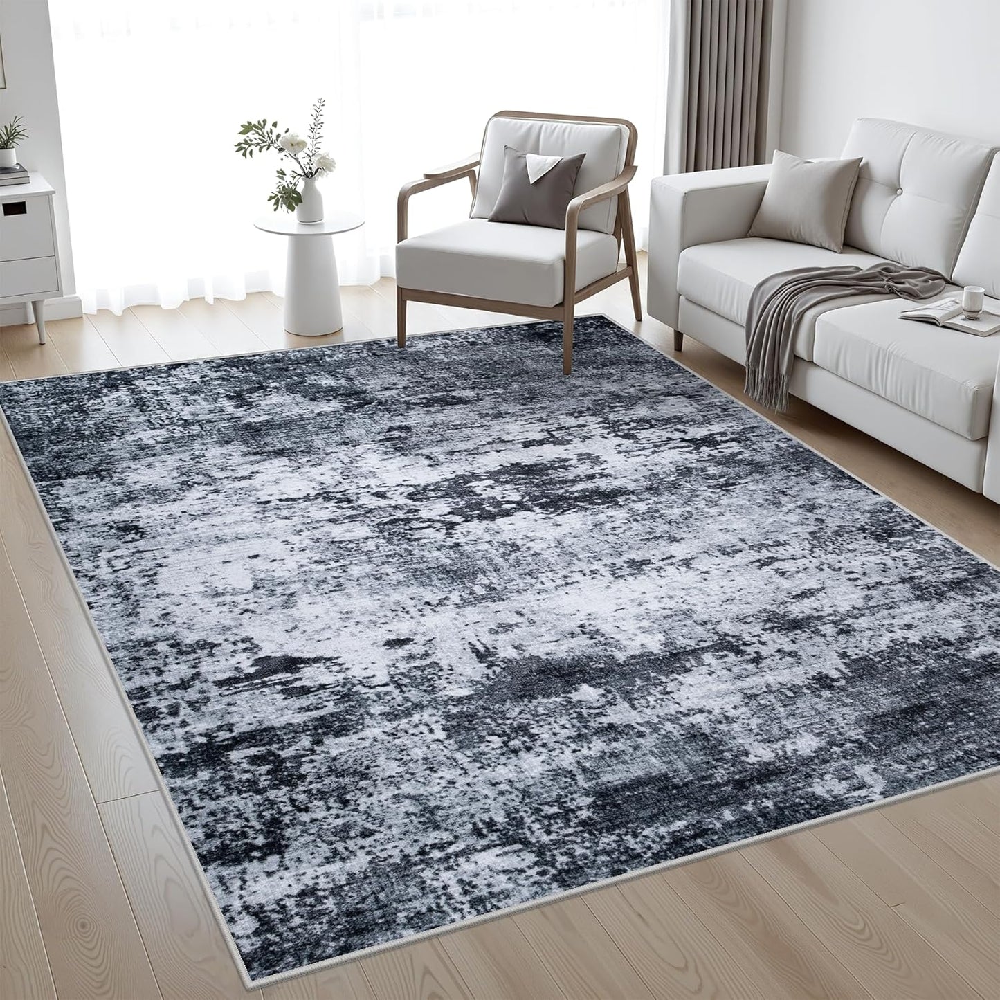 FLICKERGIFT 5x7 Area Rug Living Room Rug: Washable Modern Abstract Soft Thin Rug Indoor Floor No Slip Stain Resistant Carpet for Bedroom Dining Room Farmhouse Nursery Home Office - Black