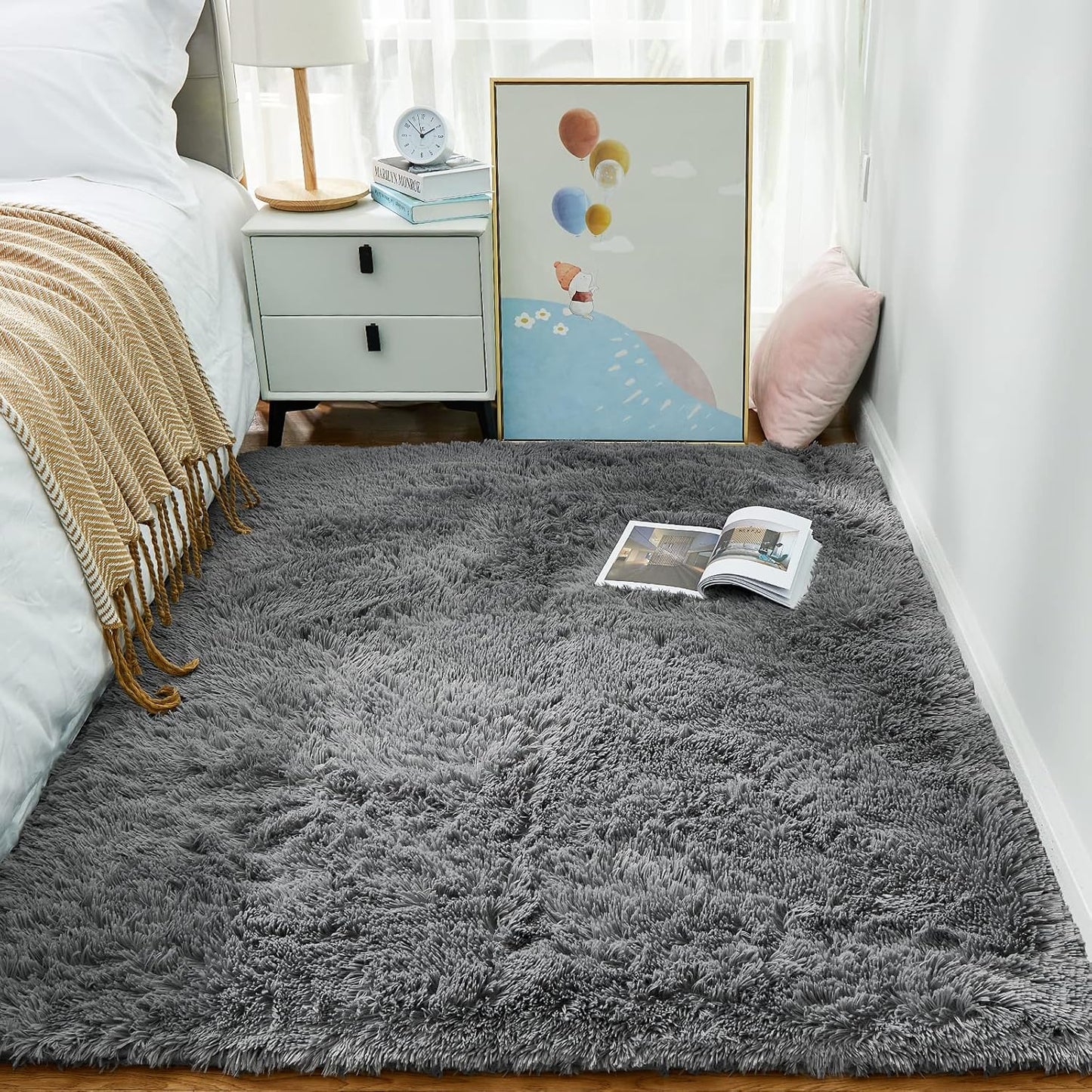 FLICKERGIFT  Area Rugs for Living Room Bedroom, Washable Non-Slip Fluffy Soft Grey Shag Carpet, Indoor Floor Gray 4x6 Fuzzy Shaggy Living Room Plush Rug for Kids Home Dorm Decor Aesthetic