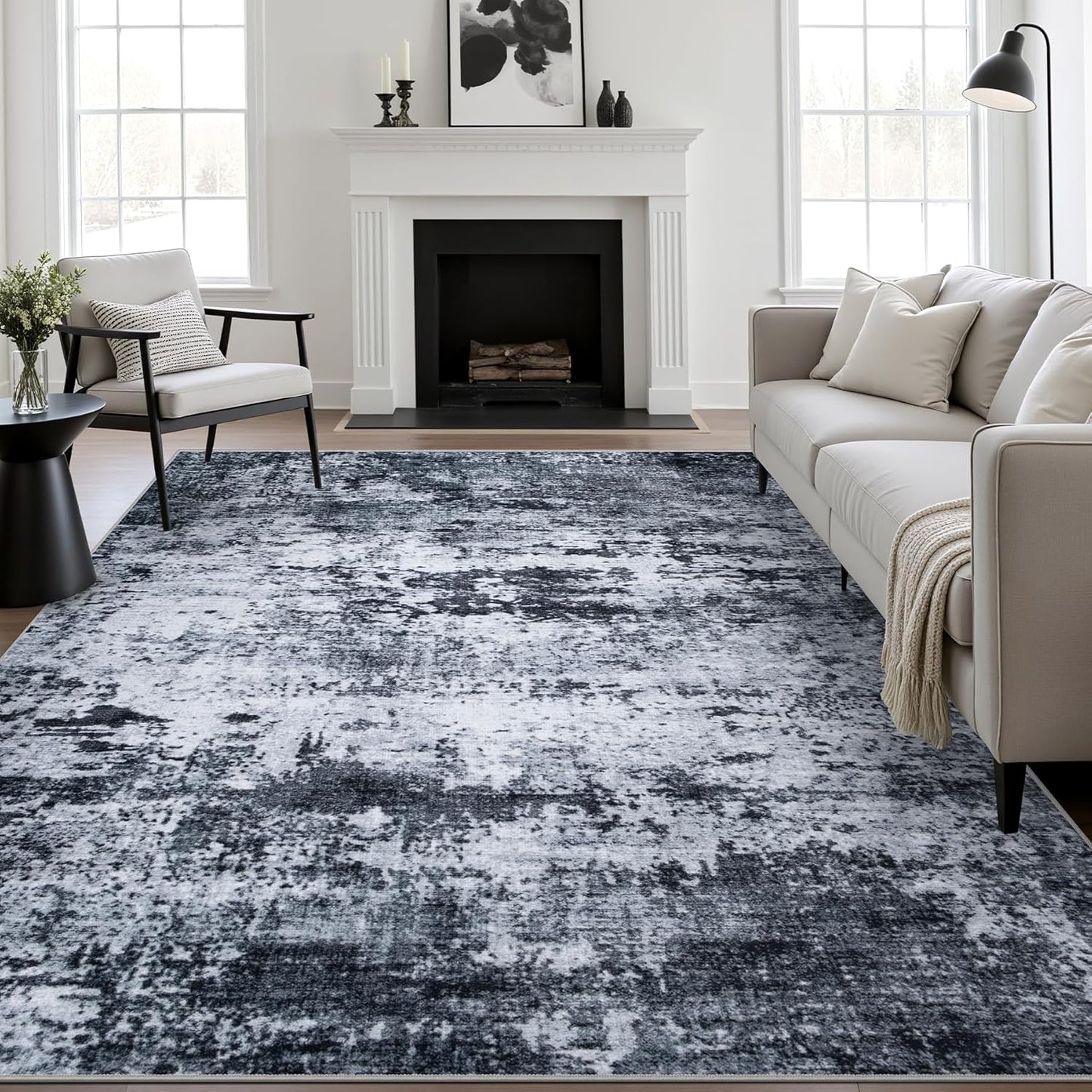 FLICKERGIFT 5x7 Area Rug Living Room Rug: Washable Modern Abstract Soft Thin Rug Indoor Floor No Slip Stain Resistant Carpet for Bedroom Dining Room Farmhouse Nursery Home Office - Black