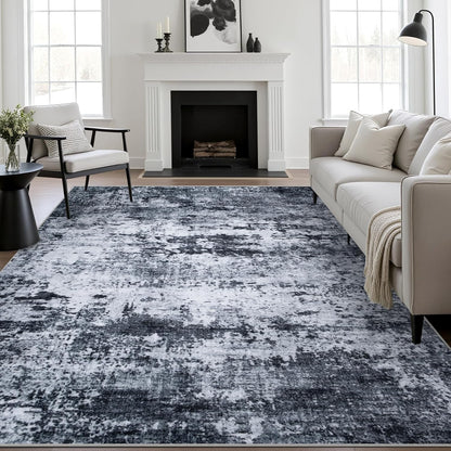 FLICKERGIFT 5x7 Area Rug Living Room Rug: Washable Modern Abstract Soft Thin Rug Indoor Floor No Slip Stain Resistant Carpet for Bedroom Dining Room Farmhouse Nursery Home Office - Black