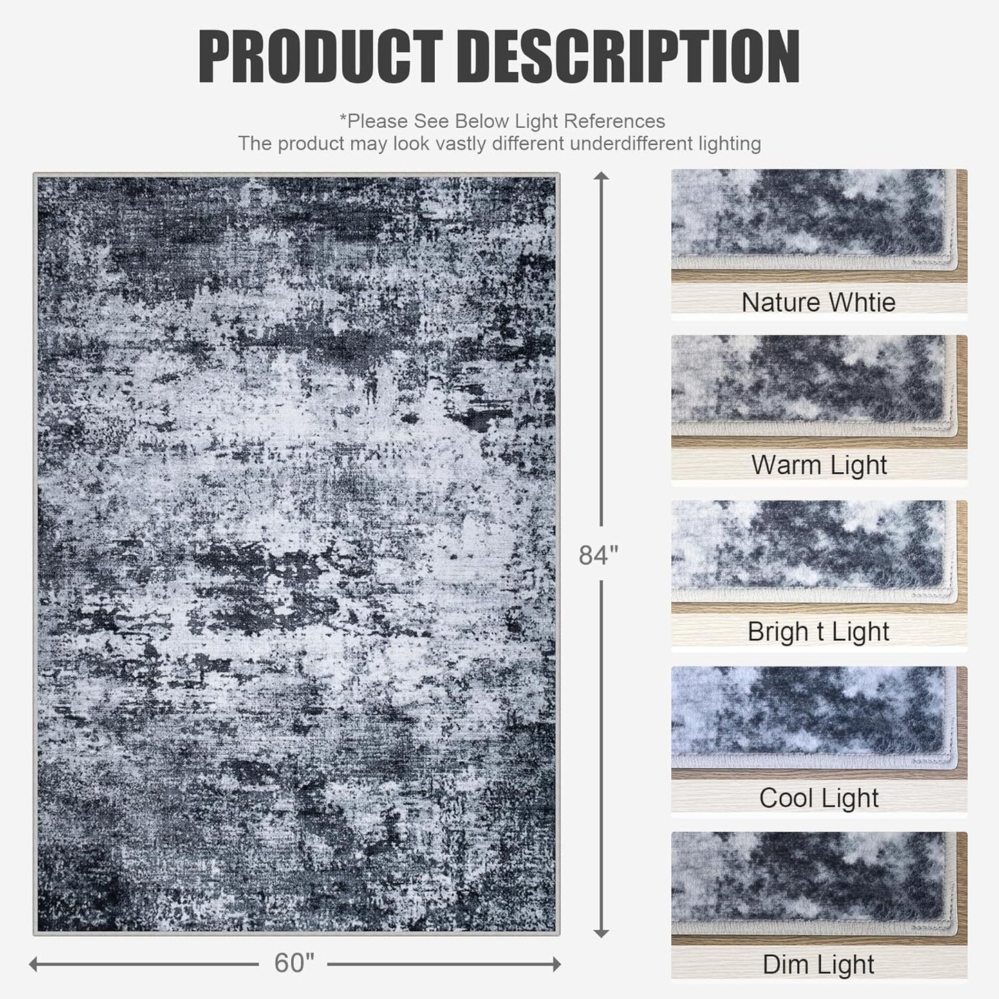 FLICKERGIFT 5x7 Area Rug Living Room Rug: Washable Modern Abstract Soft Thin Rug Indoor Floor No Slip Stain Resistant Carpet for Bedroom Dining Room Farmhouse Nursery Home Office - Black