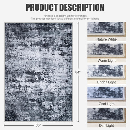 FLICKERGIFT 5x7 Area Rug Living Room Rug: Washable Modern Abstract Soft Thin Rug Indoor Floor No Slip Stain Resistant Carpet for Bedroom Dining Room Farmhouse Nursery Home Office - Black