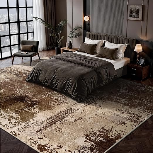 FLICKERGIFT  8x10 Rugs for Living Room - Modern Abstract Washable Rug, Ultra Soft Non Slip Low Pile Large Rugs, Floor Carpet for Bedroom Dining Room Office Laundry Nursery Home(A-Brown)