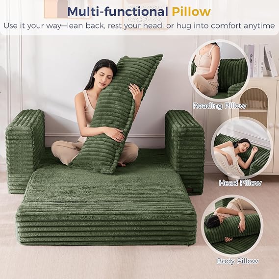 FLICKERGIFT Convertible Sofa Bed, 2 in 1 Folding Couch Bed for Small Space, Pull Out Loveseat Sleeper Sofa Couch with Large Back Pillow, Plush Fabric Lounge Couch for Living Room, Apartment, Dark Green