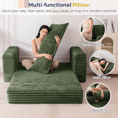FLICKERGIFT Convertible Sofa Bed, 2 in 1 Folding Couch Bed for Small Space, Pull Out Loveseat Sleeper Sofa Couch with Large Back Pillow, Plush Fabric Lounge Couch for Living Room, Apartment, Dark Green