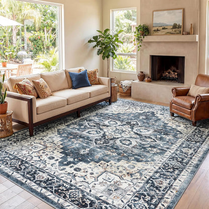 FLICKERGIFT HOMEFURNISHING 8x10 Washable Area Rug, Low-Profile with Non-Slip Backing & Durable Edge Binding, Vintage Large Rugs for Living Room, Bedroom, Dining Room, Blue