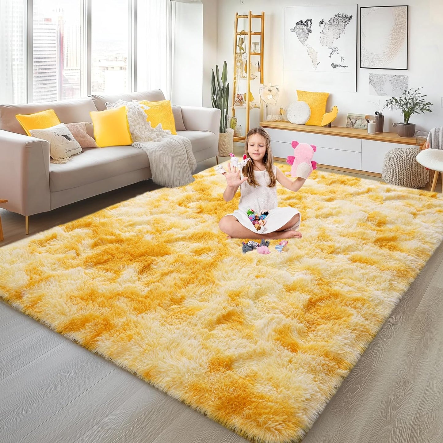 FLICKERGIFT Soft Fluffy Rug for Living Room, 4x6 Tie-Dyed Yellow Shag Area Rug for Bedroom Living Room, Non-Slip Fuzzy Carpet for Girls Boys Kids, Throw Rugs for Dorm, Modern Home Decor Aesthetic