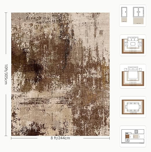 FLICKERGIFT  8x10 Rugs for Living Room - Modern Abstract Washable Rug, Ultra Soft Non Slip Low Pile Large Rugs, Floor Carpet for Bedroom Dining Room Office Laundry Nursery Home(A-Brown)