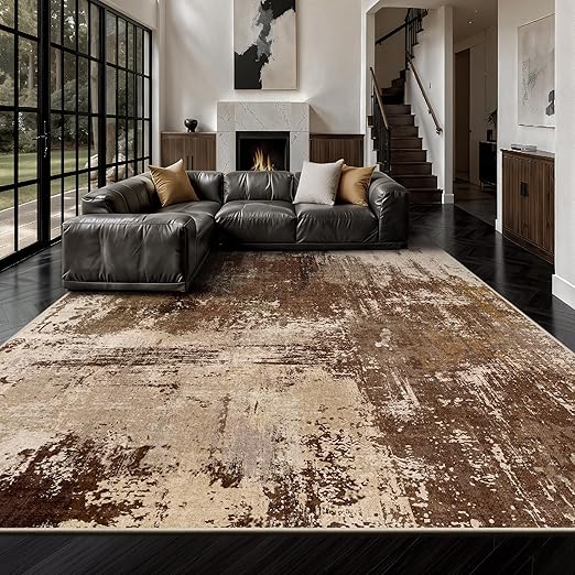 FLICKERGIFT  8x10 Rugs for Living Room - Modern Abstract Washable Rug, Ultra Soft Non Slip Low Pile Large Rugs, Floor Carpet for Bedroom Dining Room Office Laundry Nursery Home(A-Brown)