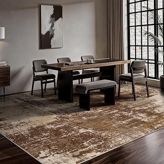 FLICKERGIFT  8x10 Rugs for Living Room - Modern Abstract Washable Rug, Ultra Soft Non Slip Low Pile Large Rugs, Floor Carpet for Bedroom Dining Room Office Laundry Nursery Home(A-Brown)