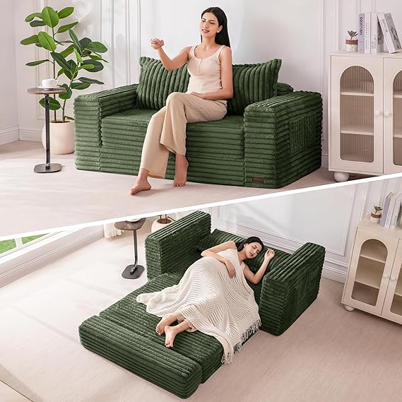 WAF-TOP Convertible Sofa Bed, 2 in 1 Folding Couch Bed for Small Space, Pull Out Loveseat Sleeper Sofa Couch with Large Back Pillow, Plush Fabric Lounge Couch for Living Room, Apartment, Dark Green