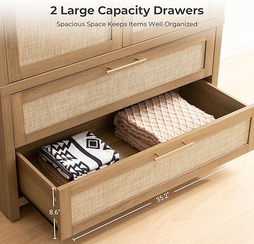 WAF-TOP Rattan Armoire Wardrobe Closet Cabinet, 71" Tall Wardrobe Storage Cabinet with 2 Drawers and Hanging Rod, Boho Large-Capacity Deep Armoire Clothes Organizer for Bedroom, Cloak Room, Oak