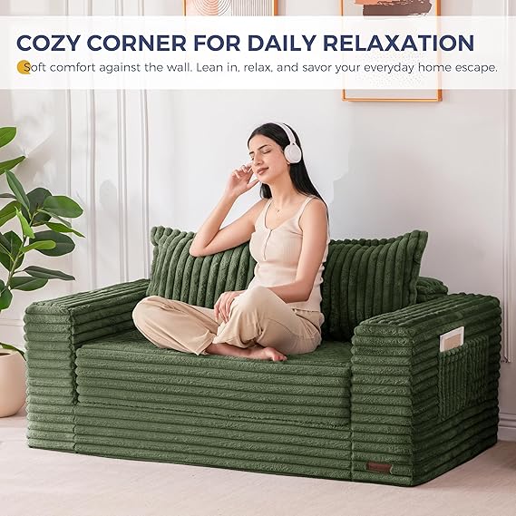WAF-TOP Convertible Sofa Bed, 2 in 1 Folding Couch Bed for Small Space, Pull Out Loveseat Sleeper Sofa Couch with Large Back Pillow, Plush Fabric Lounge Couch for Living Room, Apartment, Dark Green